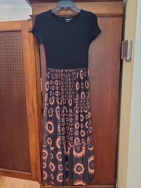 Desigual | Black Abstract Geometric Tie-Dye Print Tiered Midi Dress - Size Small